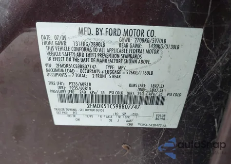 2009 Ford Flex Se from USA, damaged, VIN 2FMDK51C59BB07747